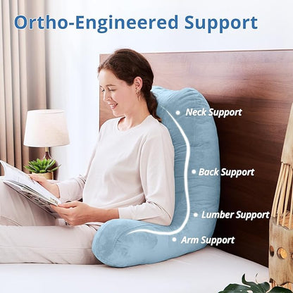 Sasttie 25-inch Reading Pillows for Sitting in Bed Adult, Jumbo Velvet Back Pillow Bed Sitting Up, XL High Back-Rest Support Cushion for Sit Up on Couch & Floor, Oeko-Tex Certified, Dusty Blue