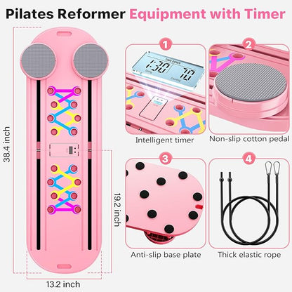 Pilates Board, Pilates Reformer Set, 7 in 1 Multifunctional Pilates Reformer Machine with Timer, Portable Foldable Pilates Board for Home Workout, Pilates Kit with Storage Bag