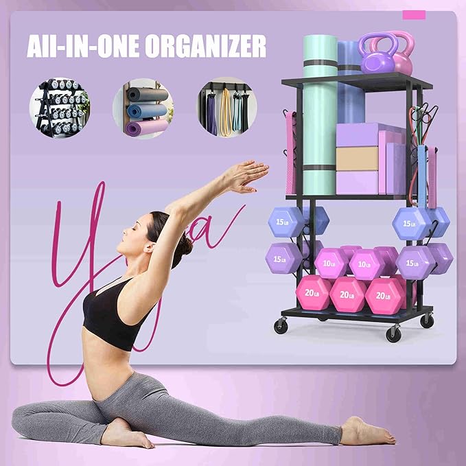 Dumbbell Rack Compact Weight Rack Home Gym Storage Rack Yoga Mat Storage Workout Equipment Organizer with Wheels