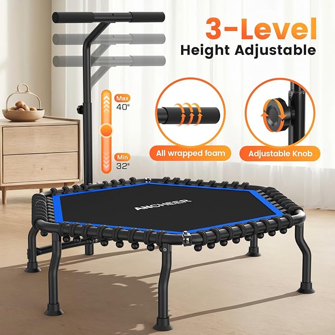 ANCHEER 50" Rebounder Trampoline for Adults- 2025 Foldable Mini Trampoline with Bar- Exercise Trampoline for Adults, Max Load 560lbs, for Indoor/Garden Workout