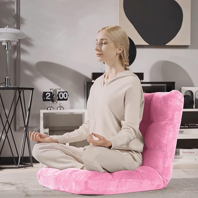 RELAX4LIFE Floor Chair with Back Support - 14-Position Adjustable Lazy Sofa Chair, Padded Sleeper Bed & Couch Recliner for Reading Meditation, Folding Floor Gaming Chair for Adults (Pink)