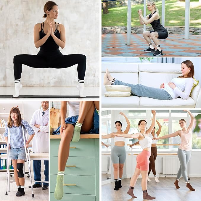 Jeyiour 4 Pairs Womens Pilates Socks with Grip Long Non Slip Yoga Crew Socks for Barre Hospital Home Workout