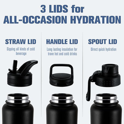 OLDLEY 40 oz Insulated Water Bottle With Straw, Stainless Steel Sports Water Cup Flask with 3 Lids(Straw, Spout and Handle Lid) Double Walled Travel Thermal Canteen Mug,Black