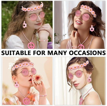 Hippie Costume Accessories Set Peace Sign Necklace Sunglasses Flower Headband Earrings for 60s 70s Outfit Party Women