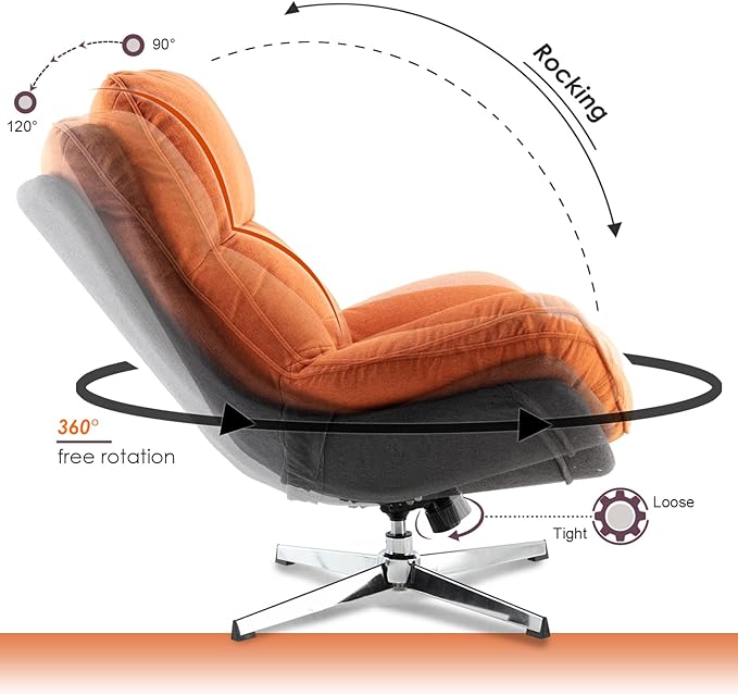 DUOMAY Swivel Lounge Chair Modern Linen Soft Accent Chair with Chrome Base, 34" Wide Relax Glider Rocker Chair for Living Room Bedroom Reading Room Office, Orange
