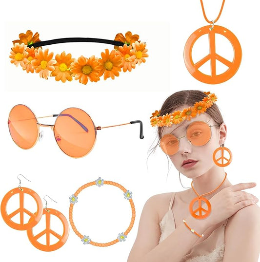Hippie Costume Accessories Set Peace Sign Necklace Sunglasses Flower Headband Earrings for 60s 70s Outfit Party Women