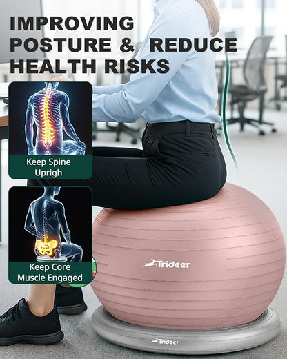 Trideer Exercise Yoga Ball Chair with Base for Home Office Desk, Stability & Fitness Ball Seat to Relieve Back Pain, Home Gym Workout for Abs, Pregnancy Ball with Pump