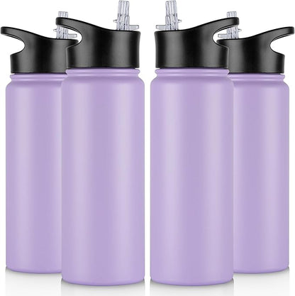 24 oz Insulated Water Bottle Bulk 4 Pack, Stainless Steel Sports Water Bottles with Straw Lid & Wide Mouth Lids, Double Walled Vacuum, Leak Proof, Purple