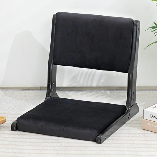 HollyHOME Foldable Tatami Chair, Upholstered Japanese Style Floor Seat, Wood Legless Back Rest With Cushion, Accent Meditation for Bay Window, Living Room, Bedroom, Black