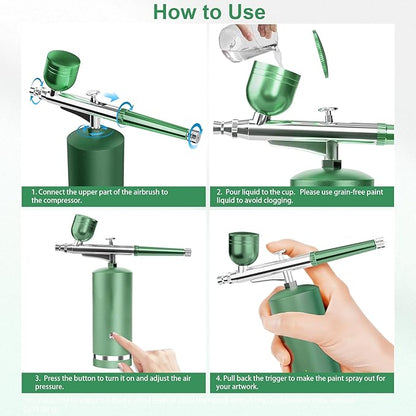 Airbrush Kit With Compressor - 48PSI Rechargeable Cordless Non-Clogging High-Pressure Air Brush Set with 0.3mm Nozzle and Cleaning Brush Set for Nail Art, Makeup, Painting, Cake Decor (Green)