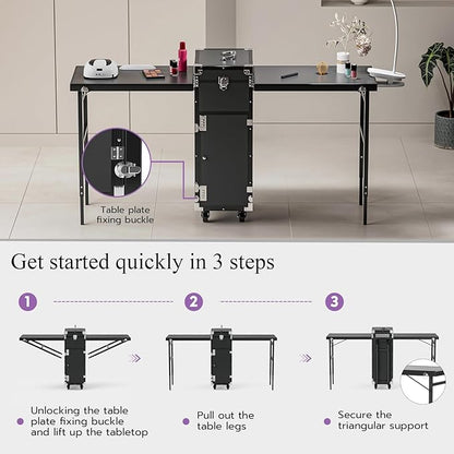 Icoget Portable Nail Table Desk, Foldable Rolling Manicure Table with Wheel, Makeup Train Case for Nail Teach, 2 Desktop Cosmetic Trolley Case, Black