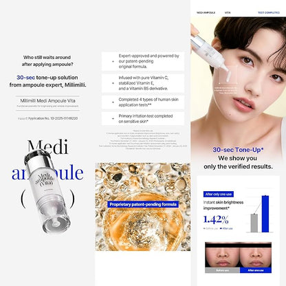 MILLIMILLI MediAmpoule – Vita Serum | Brightening Vitamin C Face Ampoule with Vitamin E, B5 & Antioxidants | Dark Spot Corrector, Tone-Up & Radiance Booster Korean Skin Care, 15ml