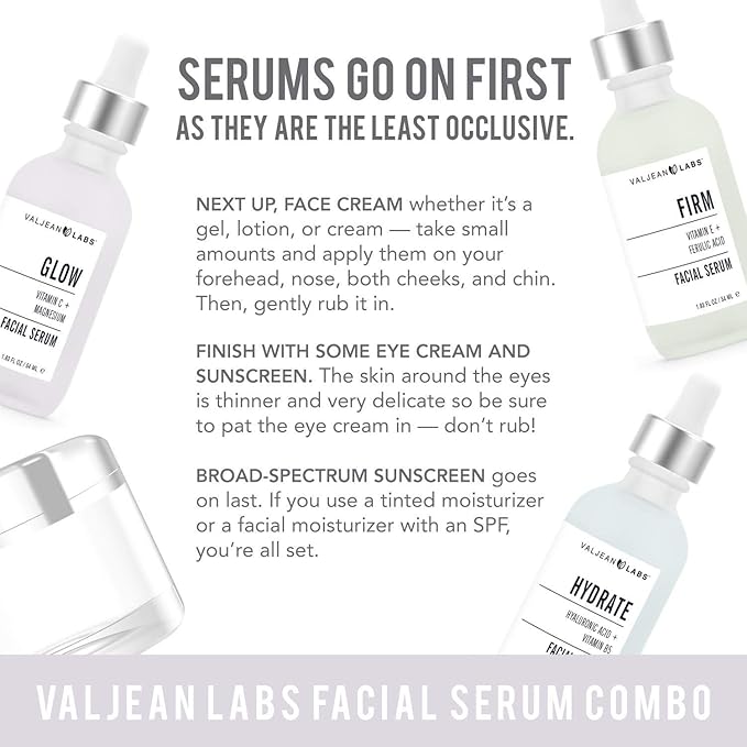 Valjean Labs Facial Serum, Combo Pack of Hydrate, Glow, and Firm | Supercharged, Targeted Skincare Ingredients | Paraben Free, Cruelty Free, Made in USA (1oz Bottles)