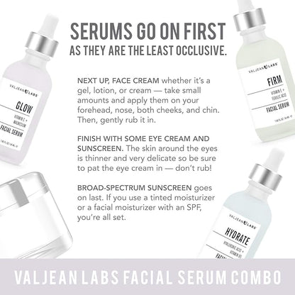 Valjean Labs Facial Serum, Combo Pack of Hydrate, Glow, and Firm | Supercharged, Targeted Skincare Ingredients | Paraben Free, Cruelty Free, Made in USA (1oz Bottles)