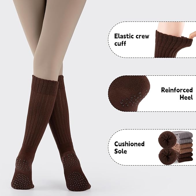 COOVAN Grip Pilates Socks for Women 3 Pairs Yoga Slouch Crew Long Scrunch Slipper Socks for Barre Ballet Dance Hospital