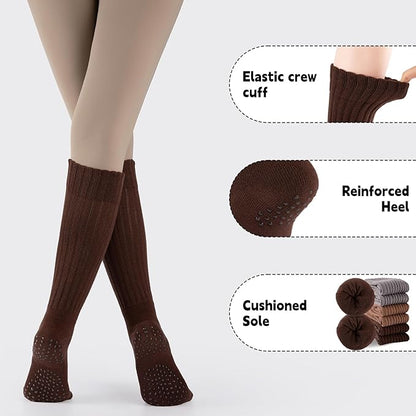 COOVAN Grip Pilates Socks for Women 3 Pairs Yoga Slouch Crew Long Scrunch Slipper Socks for Barre Ballet Dance Hospital