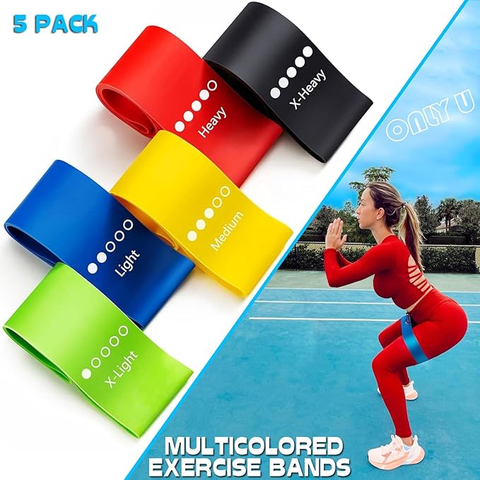 Only U Resistance Bands Set - Exercise, Fitness, Yoga & Pilates Bands Kit for Home Gym Workout for All Levels of Fitness, Set of 5 Bands with Different Resistance, Carry Bag