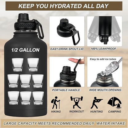 Half Gallon Water Bottle Insulated with Sleeve-64 oz Stainless Steel Water Jug with MOLLE Pouch for Gym Workout Hiking Black Camo