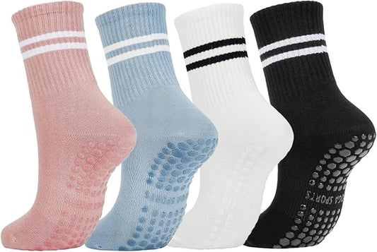 DTWAWA Womens 4Pcs Pilates Grip Socks Non Slip Yoga Socks with Grips Barre Hospital Athletic Socks for Women