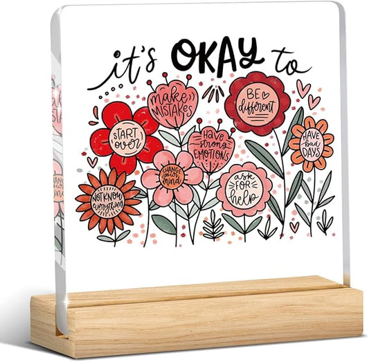 Mental Health Decor, Motivational Gifts for Women Men, Boho Floral Inspirational Kindness Acrylic sign with Wooden office Accessories Bedroom Dorm Apartment Decor-It's okay to