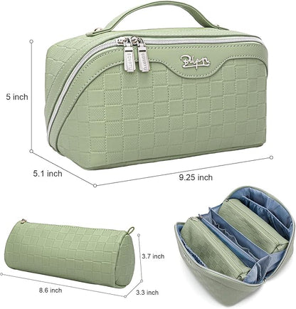 BOYATU Travel Makeup Bag Organizer Cosmetic Bag: 3 Pcs Set Make up Bags for Women with Handle - Waterproof Vegan Leather Toiletry Bags Travel Essentials Pouch with Compartments (C-06-Green)