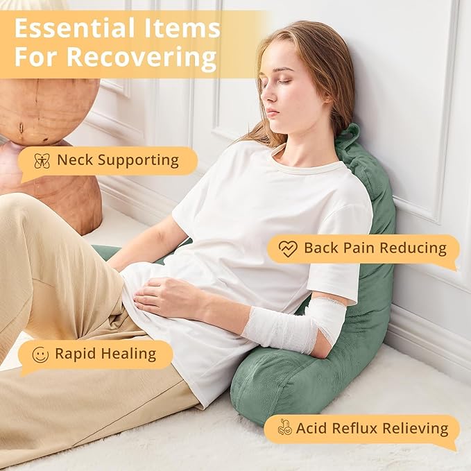 Sasttie Reading Pillow, Velvet Back Pillow for Bed Sitting Up, Adult Back-Rest Support Cushion with Arms for Sit Up on Couch, Sofa, and Floor, Dorm Essentials, Reading Accessories, Sage