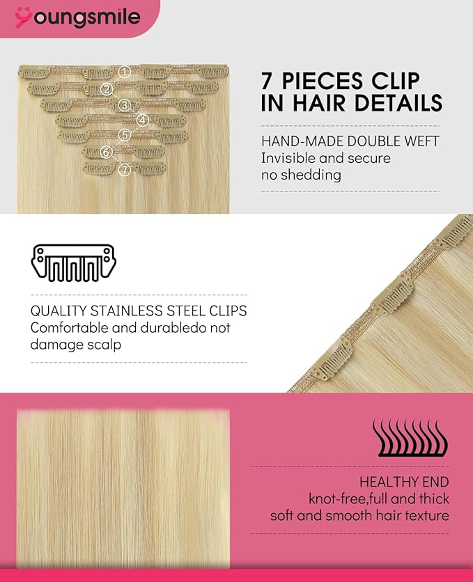 Youngsmile Clip in Hair Extensions Real Human Hair, Colour 27 Caramel Blonde with 60 Platinum Blonde, Remy Human Hair Clip In Extensions 14 Inch 140 Grams 7Pcs,Soft Silk (7C#27P60-14inch)