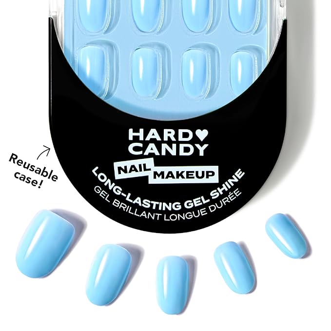 Short Baby Blue Press On Nails - Hard Candy Glue On Nails | Short Round False Nails with Real Light Blue Polish | 24 Nail Kit in 12 Sizes, Strong Glue & Reusable Travel Case Included.