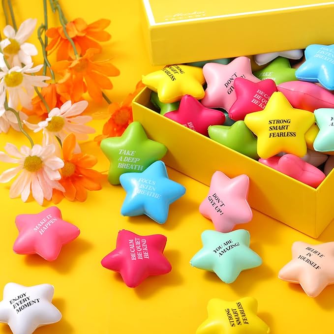 Sotiff 100 Pack Star Stress Balls Bulk Stress Relief Balls with Motivational Quotes Mini Inspirational Foam Party Favors Gifts for Kids Adults Anger Fidget Relief Exercise(Fresh Colors)