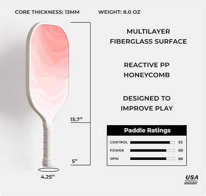 CIRCE Cielo Pickleball Paddle - Blush | G2 Reinforced Fiberglass Surface with 13mm Reactive Honeycomb Core | 8oz, Beginner Paddle for Consistency & Control | Ergonomic Handle | USAP Approved