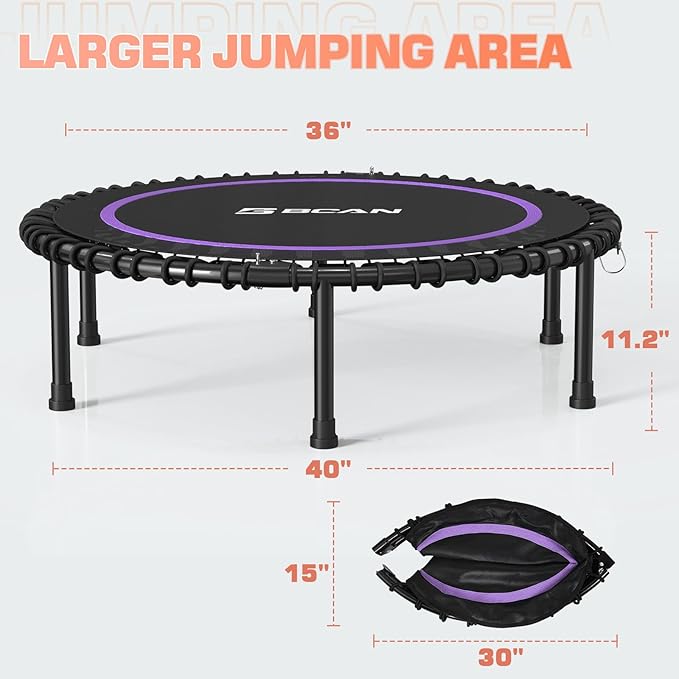 BCAN 450LBS/550LBS Foldable Mini Trampoline, 40"/48" Fitness Trampoline with Durable Bungees, Stable & Quiet Exercise Rebounder for Adults,Great Mini Trampoline for Indoor/Garden Workout - 2