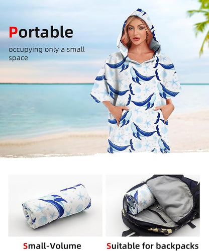 Abahub Surf Poncho Men & Women Towel Poncho Adult with Hood, Thick Quick Dry Changing Poncho Towel, Microfiber Wearable Cover Up for Surfing Beach Swim - Absorbent Changing Towel L (Blue Whale)