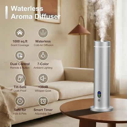 Waterless Diffuser, 1000 Sq.Ft Coverage, Essential Oil Diffuser with Tilt-Safe, Remote Control, Adjustable Mist Mode, Mood Lights Aromatherapy Diffuser for Home, Large Room, Office, Hotel, Silver