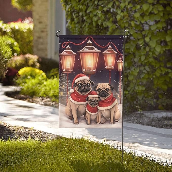 Christmas Pug Garden Flag 12x18 In Double Sided Yard Flags Lawn Sign Decor No Flagstand