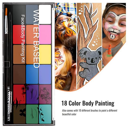 Face Painting Kit Non-toxic Body Paint Washable 18 Colors Facepaint Makeup Kit for Adults with 10 Face Paint Brushes for Halloween Party Cosplay Makeup (Color 001)