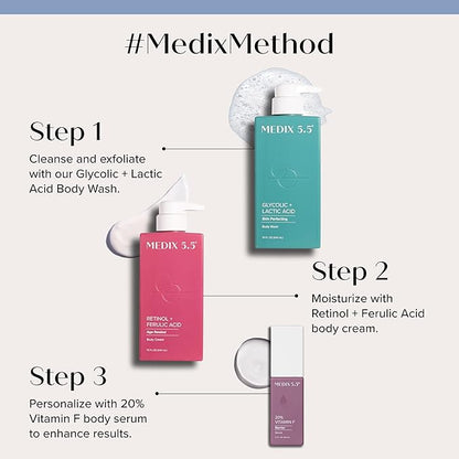 MEDIX Retinol Body Lotion + 20% Vitamin F Booster Serum Moisturizer 2PC Skin Care Set | Crepey Skin Care Treatment | Retinol Body Cream Targets Appearance Of Sagging Crepe Skin & Wrinkles, 2PC Set