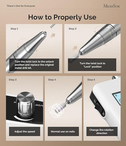 MelodySusie Professional Rechargeable 30000 rpm Nail Drill,SC320H Portable Electric E File Scamander, Acrylic Gel Grinder Tools with 6 Bits and Sanding Bands for Manicure Pedicure Carve Polish (White)