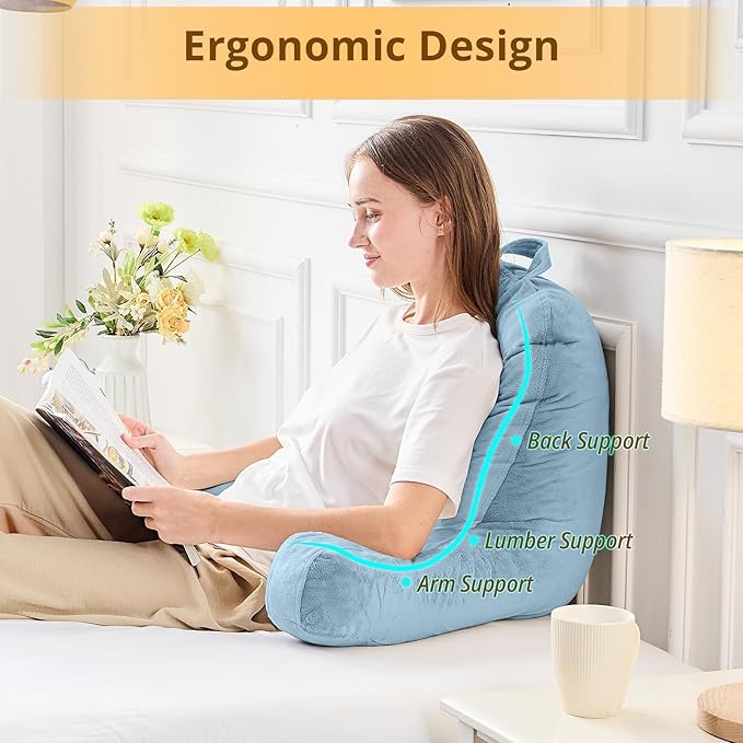 Sasttie Reading Pillow, Velvet Back Pillow for Bed Sitting Up, Adult Back-Rest Support Cushion with Arms for Sit Up on Couch, Sofa, and Floor, Dorm Essentials, Reading Accessories, Dusty Blue