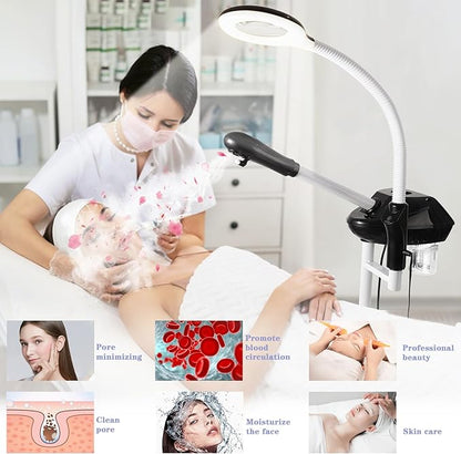 Professional Facial Steamer, 2 in 1 Face Steamer on Wheels, with 5X Magnifying Lamp, Facial Steamer with Time Setting, Stand Face Steamer Adjustable Height for Spa, Salon and at Home use