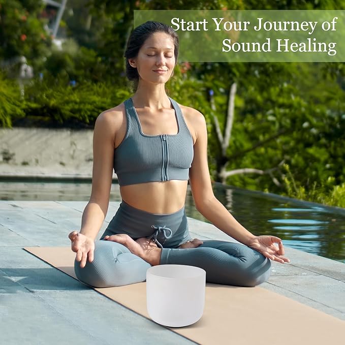432HZ 7 Inchs Frosted Crystal Singing Bowl Set for Meditation Healing Yoga Chakra Quartz Crystal Sound Bowls with Heavy Duty Carry Case and Rubber Mallet,Suede Striker,O-rings