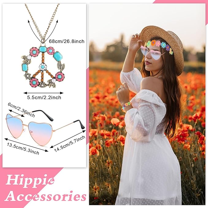 5 Pcs Hippie Costume Accessories Set Women, 60s 70s Party Dressing Accessory Peace Sign Necklace Party Decorations for Party