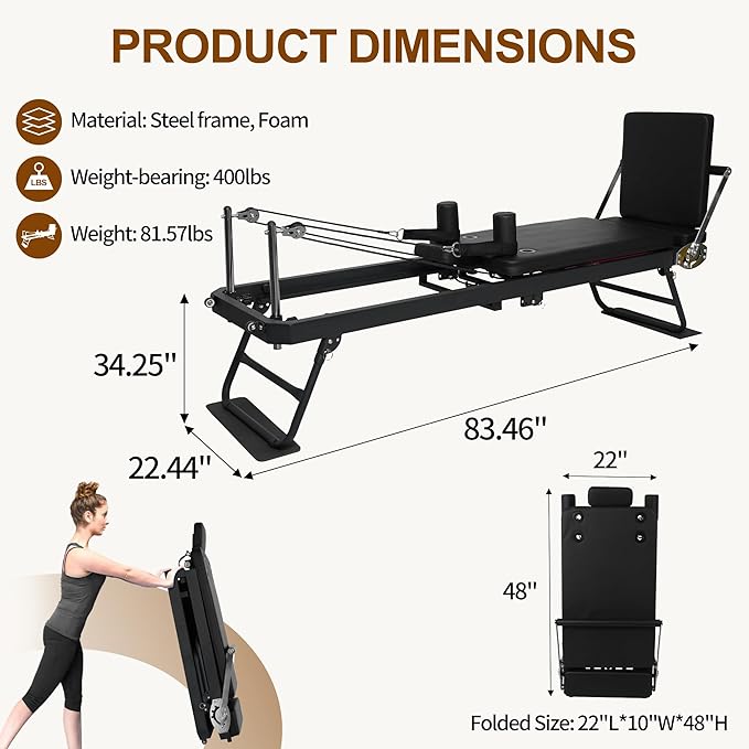 Pilates Reformer Ultra MAX-80101, Foldable Pilates Reformer Machine with a Extra Set of Drawstring, for Fome and Gym Workout- Cardio Fitness Rebounder - Springs and Jump Board Up to 400 LBS