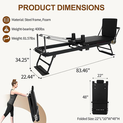 Pilates Reformer Ultra MAX-80101, Foldable Pilates Reformer Machine with a Extra Set of Drawstring, for Fome and Gym Workout- Cardio Fitness Rebounder - Springs and Jump Board Up to 400 LBS