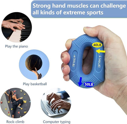 Grip strength trainer Hand grip strengthener, Forearm exerciser, Workout Set for Hand and Wrist Muscle Trainer Stress Relief, Silicone Ring for Muscle Training, Sports, Rock Climbing and Fitness.