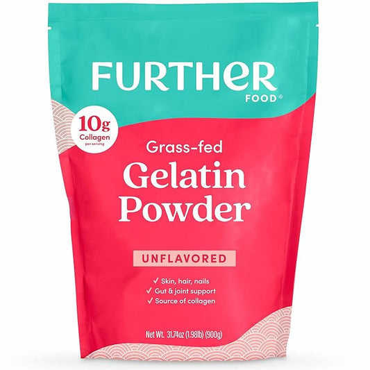 Further Food Gelatin | Grass-Fed, Pasture-Raised, Non-GMO | Unflavored, Excellent Source of Collagen | Pure Beef Gelatin Powder (Large 31.74oz)