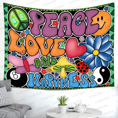 F-FUN SOUL Peace Love and Happiness Groovy 80x60in Soft Flannel Tapestry, 70s Theme Party Wall Hanging for Bedroom Living Room Decor GTZYFS194