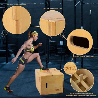 Yes4All Plyo Box, 3-in-1 Wooden Box Jumps for Home Gym (12/14/16 in), 450 lbs Boxes Step Up with Smooth Edges & Wide Built-in Handles for Jumping, Strength Training, Lunges, Squats, Dips