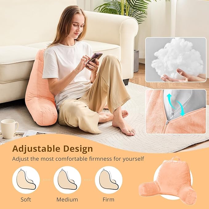 Sasttie Reading Pillow, Velvet Back Pillow for Bed Sitting Up, Adult Back-Rest Support Cushion with Arms for Sit Up on Couch, Sofa, and Floor, Dorm Essentials, Reading Accessories, Light Salmon