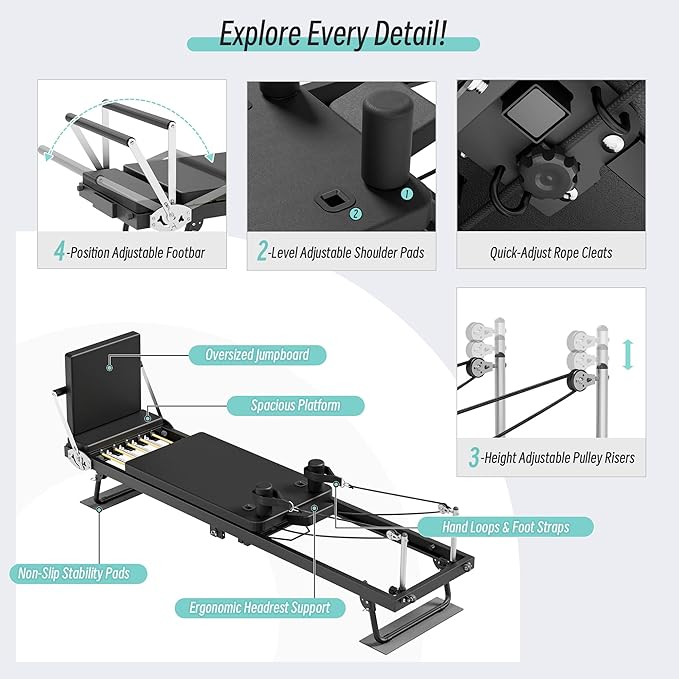 MU 91.5" Foldable Pilates Reformer Machine with Jump Board & Dual Resistance – Adjustable Reformer Pilates Machine for Full-Body Home Workout, 500 lbs Capacity, Up to 6'9" Height Friendly. Black