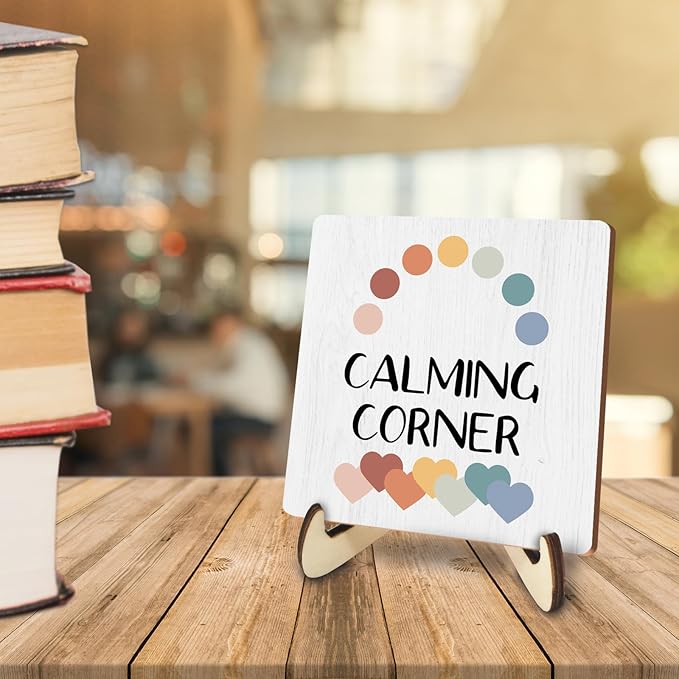 Decorative Desk Decor Motivational Calming Corner Affirmations Counselor Office Decor Plaque with Wooden Stand Inspirational Wood Sign for Homeschool Classroom Reading Calm Corner Table Bookshelf